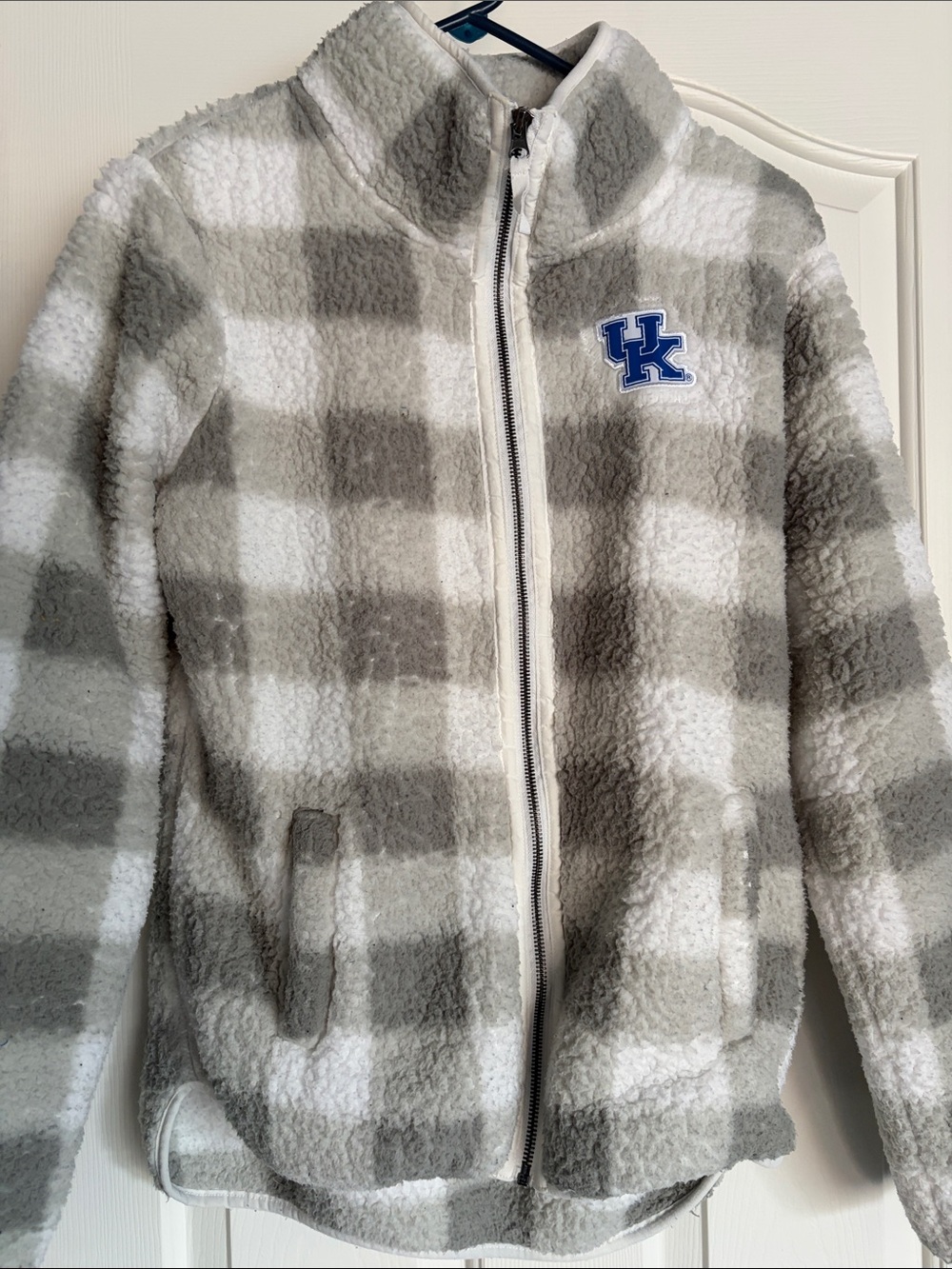 Embroidered Kentucky Gray & White Plaid Sherpa Jacket for ladies